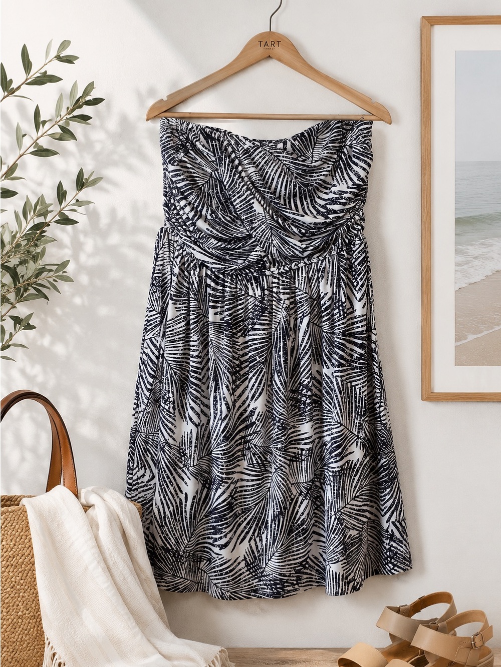TART Strapless Ruched Tropical Palm Print Dress Womens M Resort Vacation